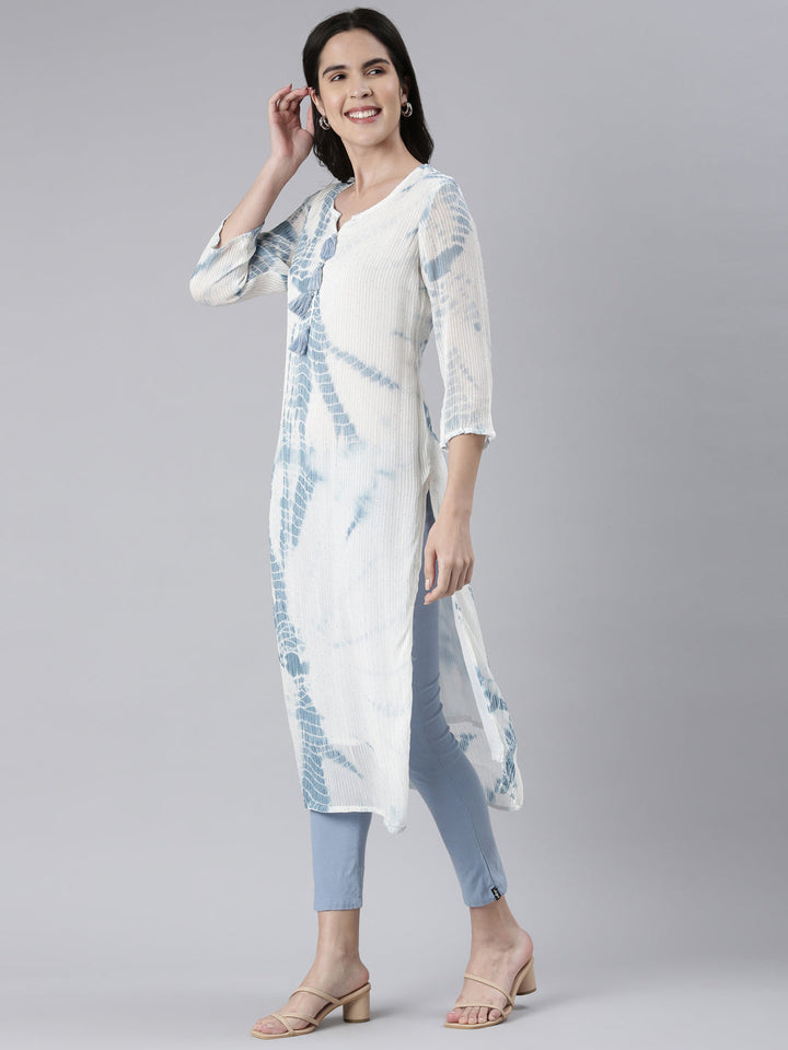 Neerus Blue cotton printed straight kurta - back view