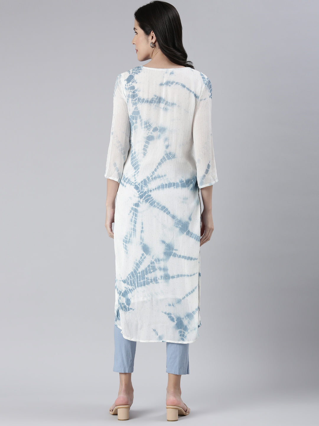 Neerus Blue cotton printed straight kurta - side view