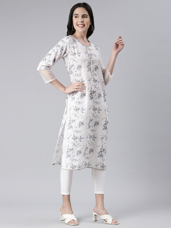 Neerus White cotton printed straight kurta - back view