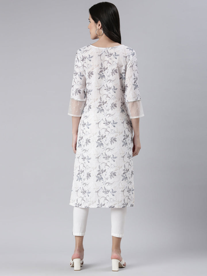 Neerus White cotton printed straight kurta - side view