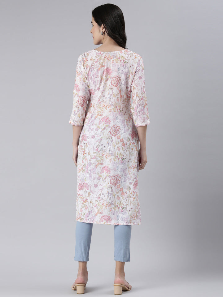 Neerus White cotton printed straight kurta - side view