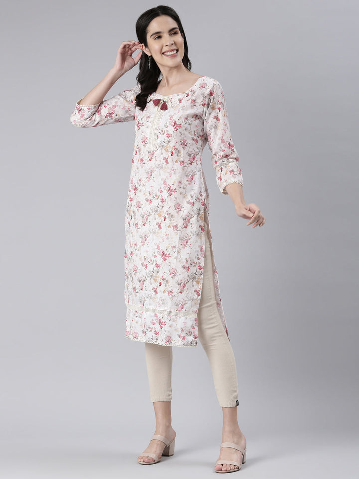 Neerus White cotton printed straight kurta - detail view 2