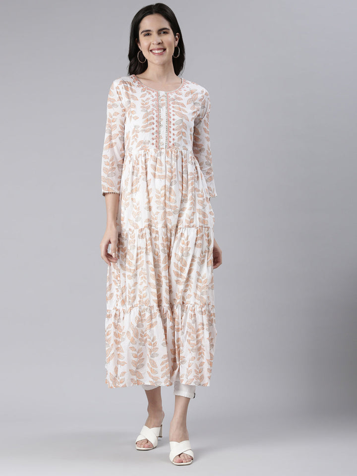Neerus Orange cotton printed maxi dress - front view