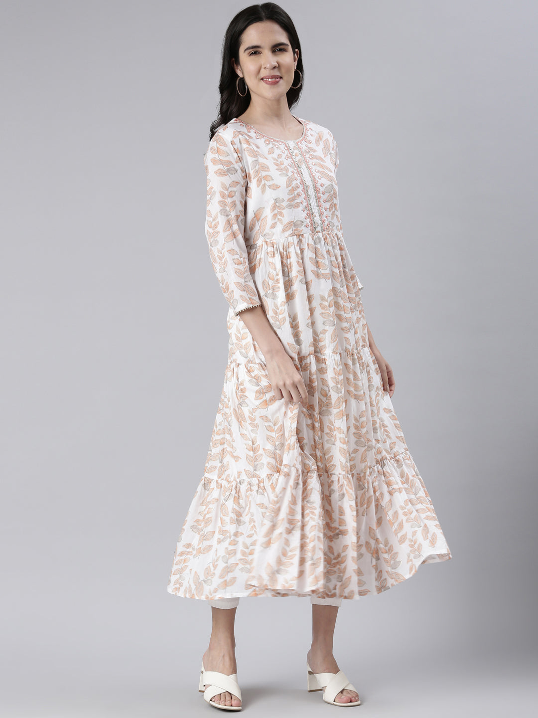 Neerus Orange cotton printed maxi dress - back view