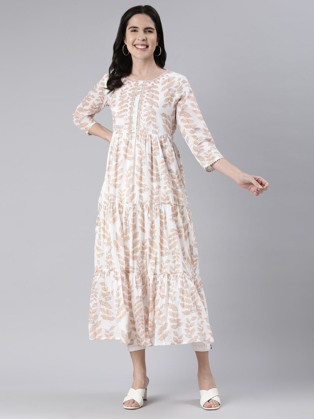Neerus Orange cotton printed maxi dress - detail view 4