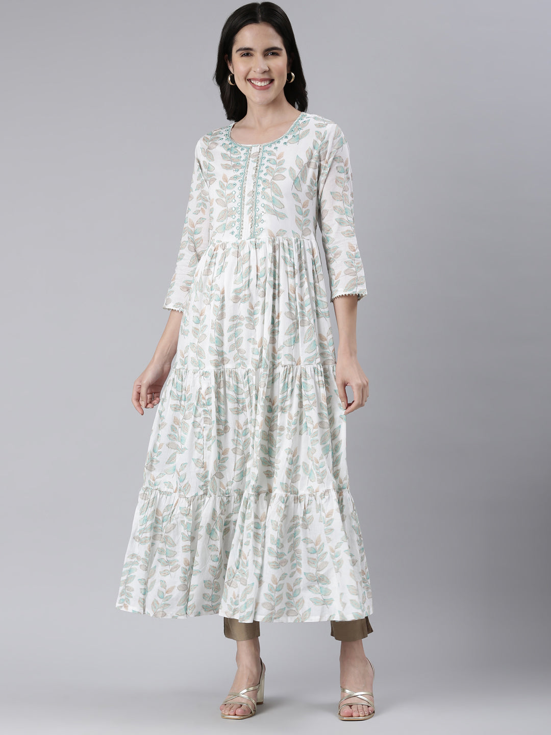Neerus Green cotton printed maxi dress - front view