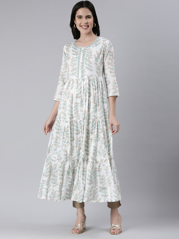 Neerus Green cotton printed maxi dress - front view