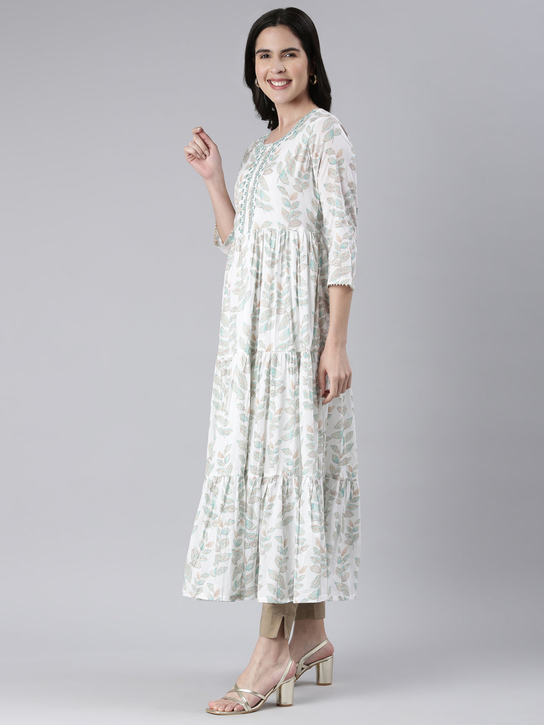 Neerus Green cotton printed maxi dress - back view