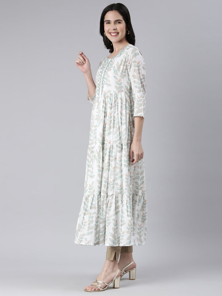 Neerus Green cotton printed maxi dress - back view