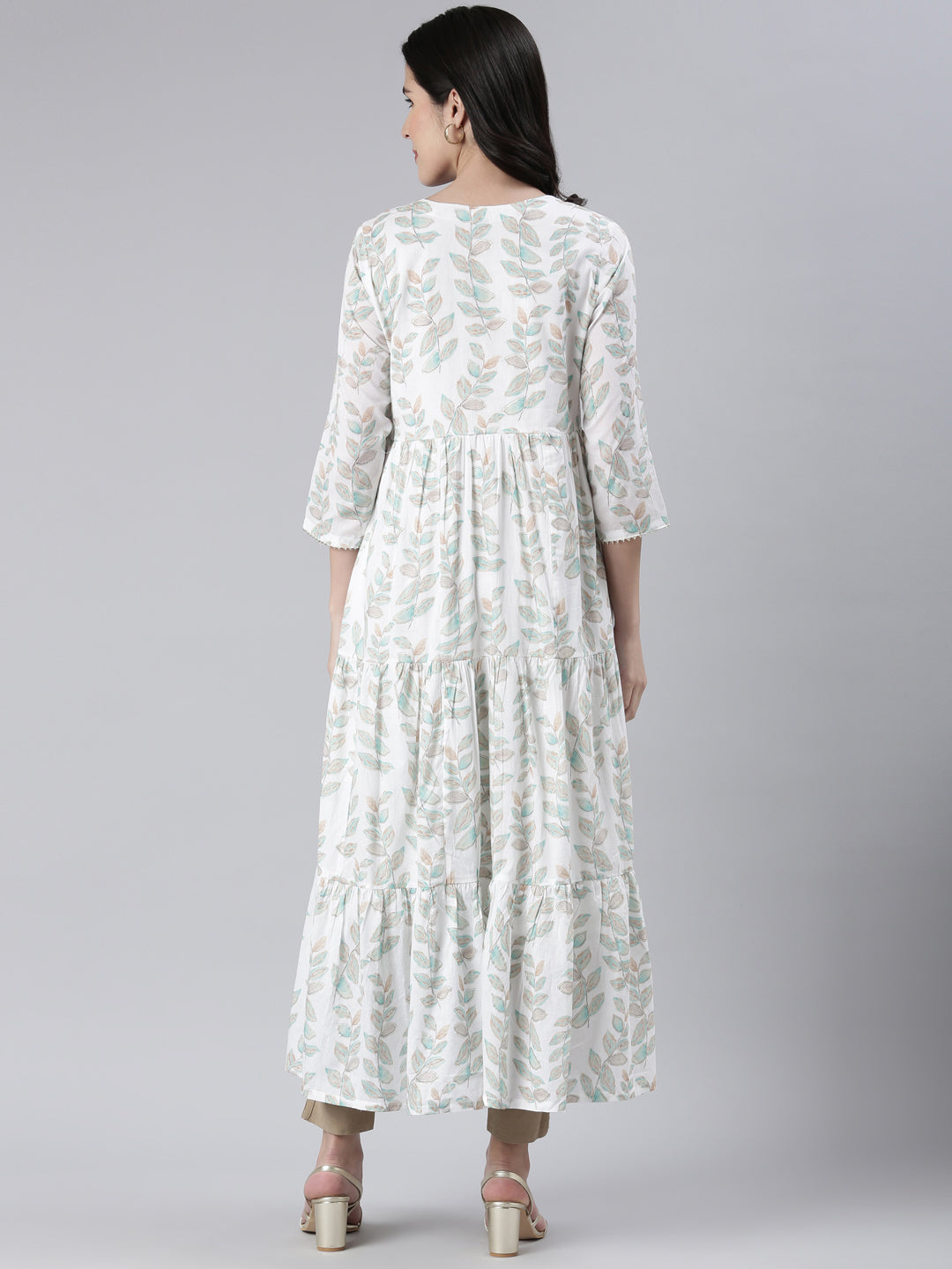 Neerus Green cotton printed maxi dress - side view