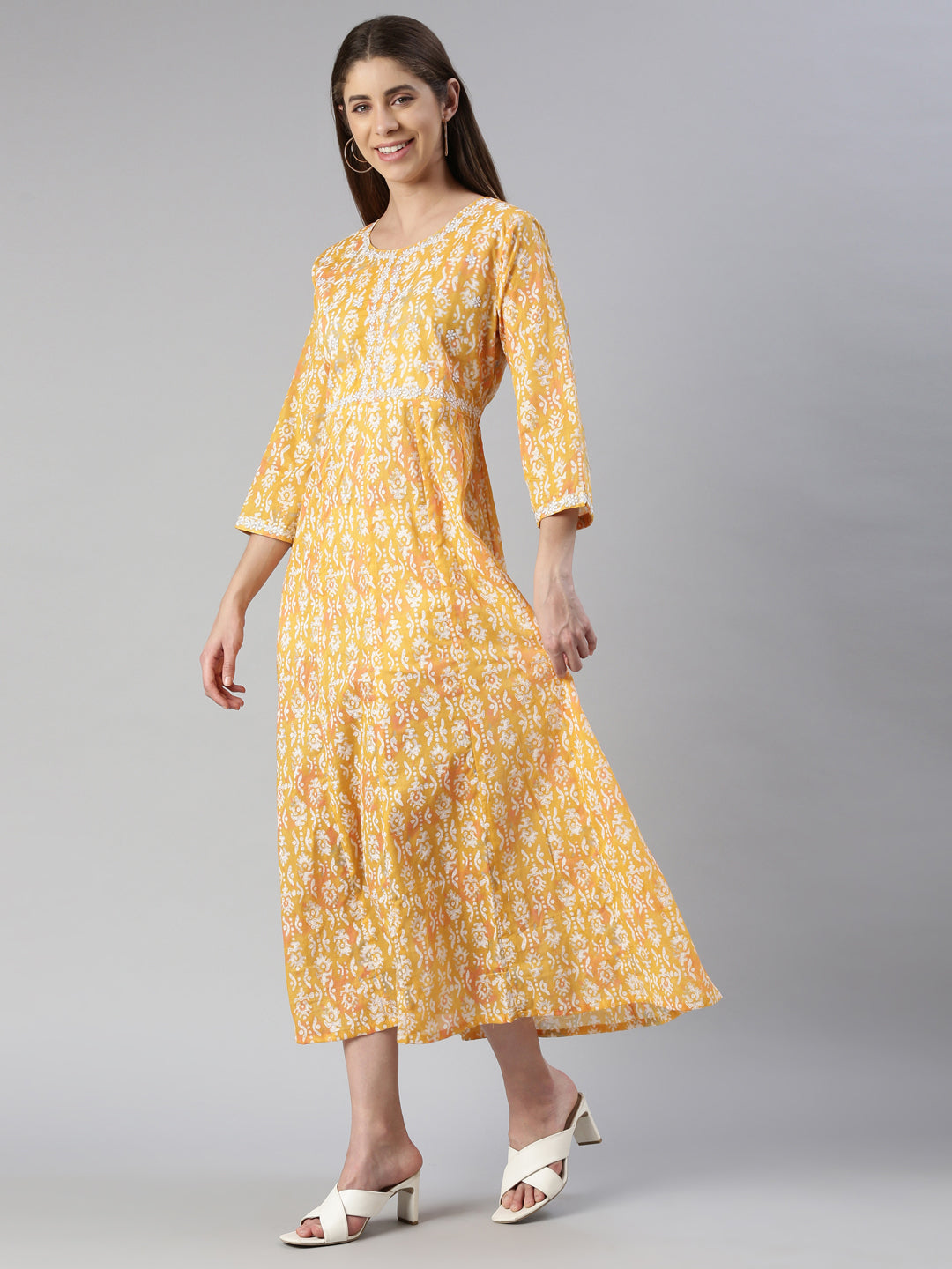Neerus Yellow printed maxi dress - back view
