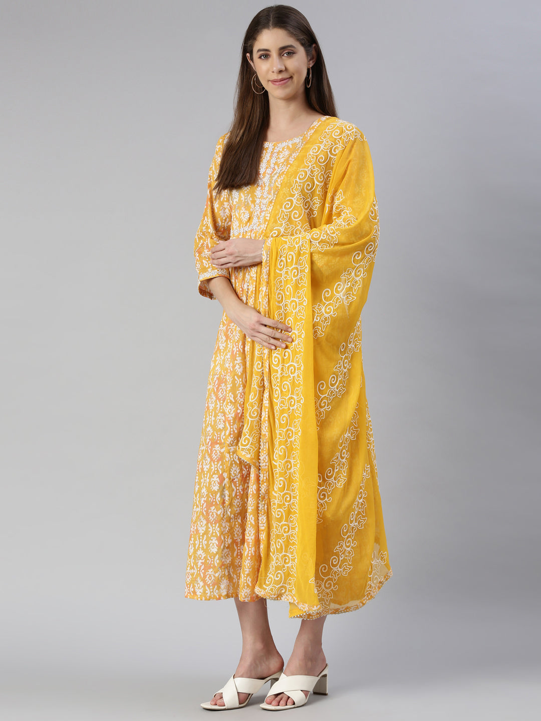 Neerus Yellow printed maxi dress - front view