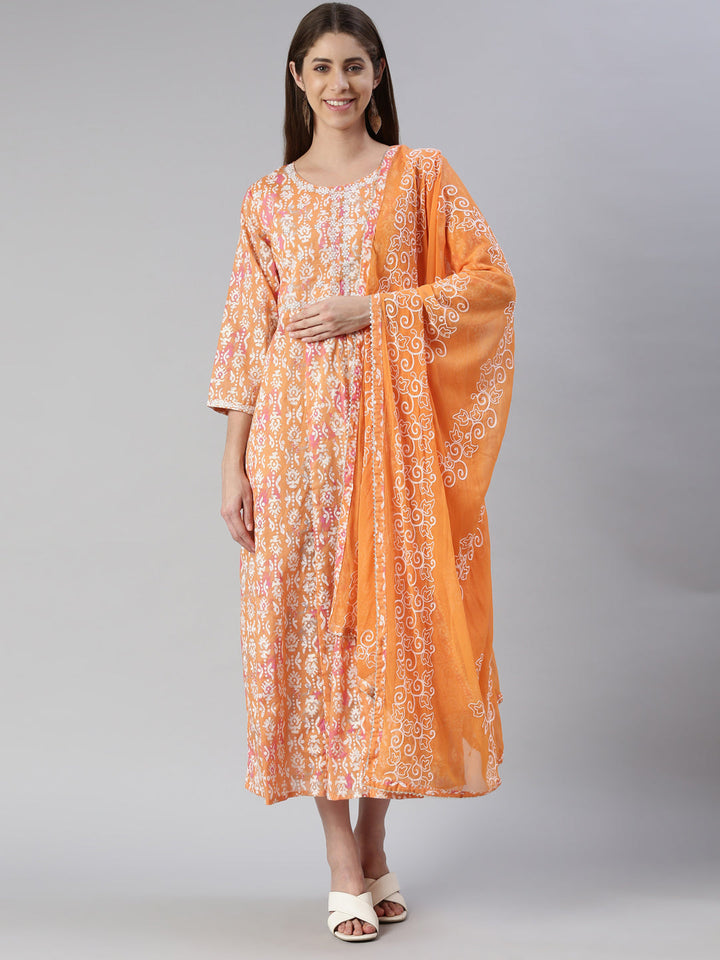 Neerus Orange cotton printed anarkali kurta - front view