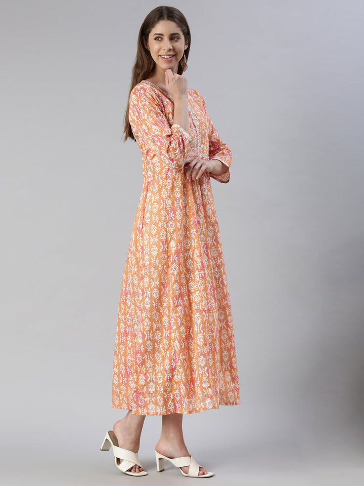 Neerus Orange cotton printed anarkali kurta - back view