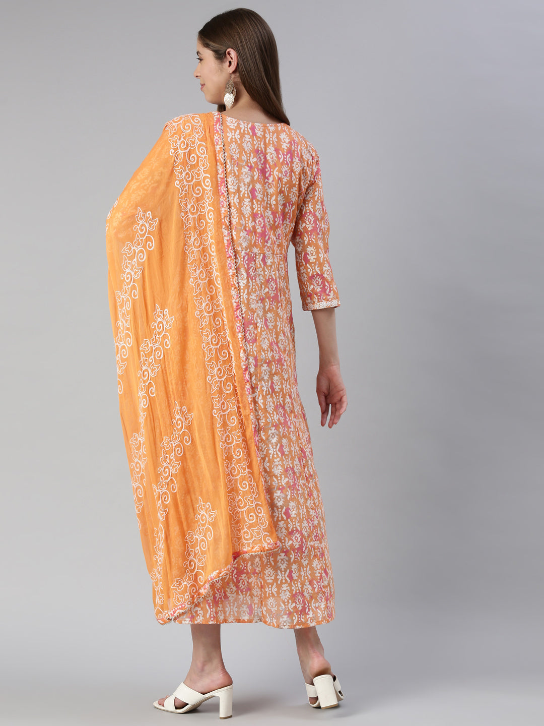 Neerus Orange cotton printed anarkali kurta - side view