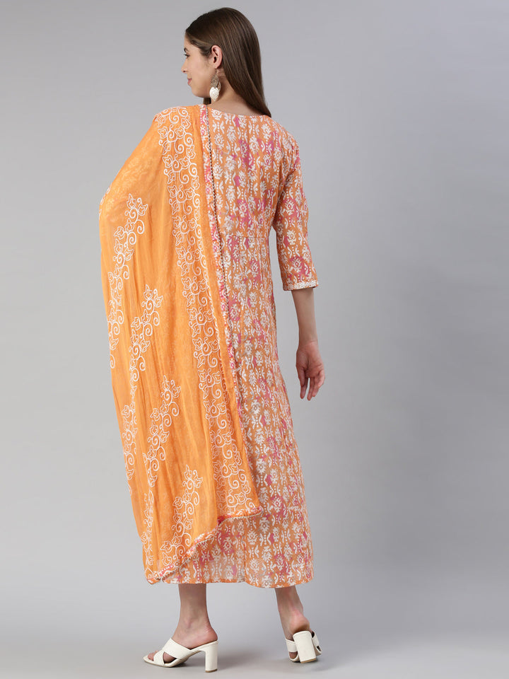 Neerus Orange cotton printed anarkali kurta - side view