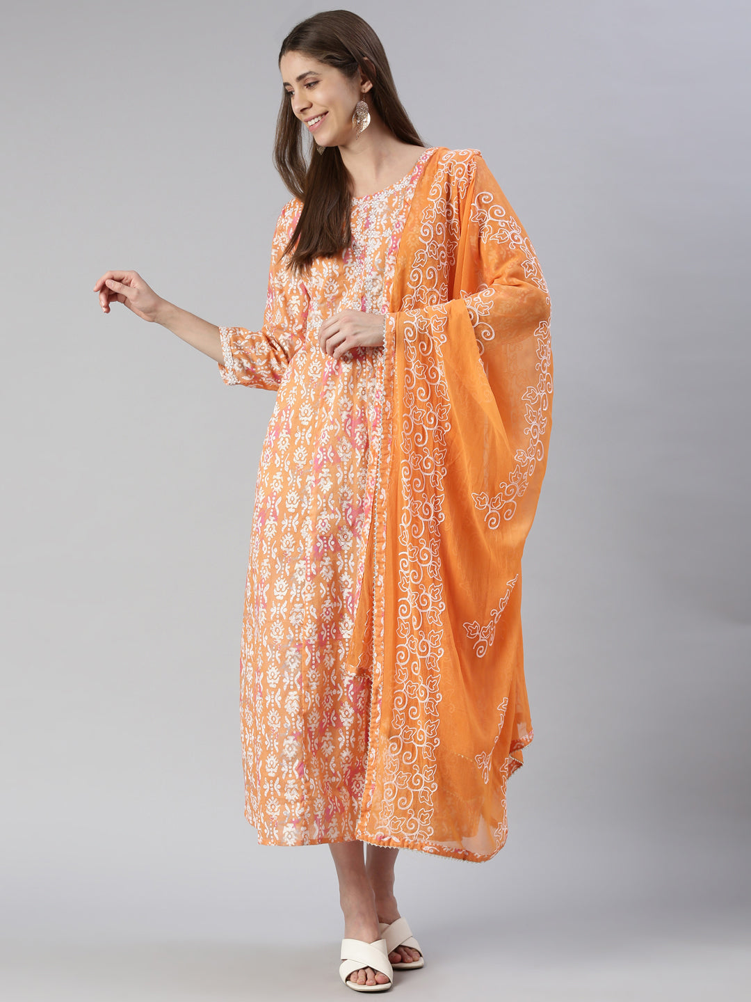 Neerus Orange cotton printed anarkali kurta - detail view 3