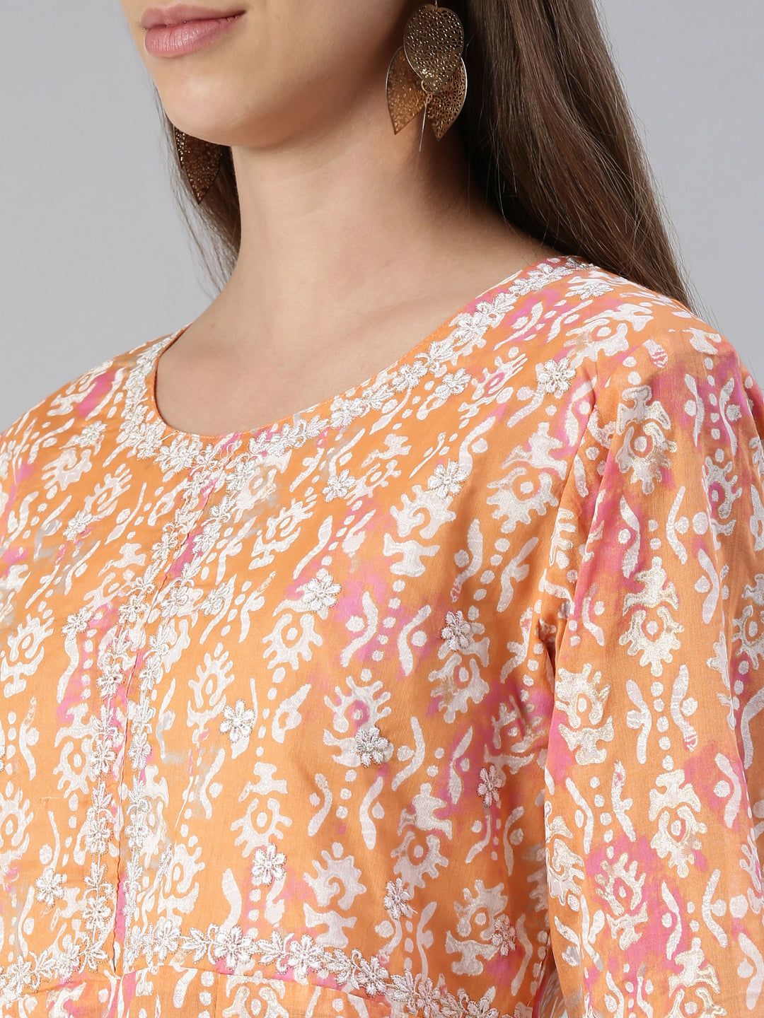 Neerus Orange cotton printed anarkali kurta - detail view 1
