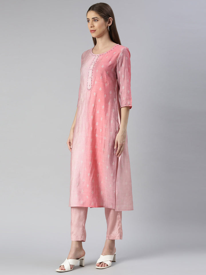 Neerus Pink printed straight kurta set with trouser and dupatta - back view