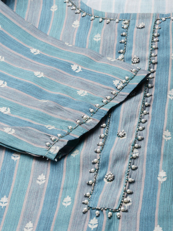 Neerus Blue Embroidered Kurta Set with Trouser and Dupatta - detail view 2