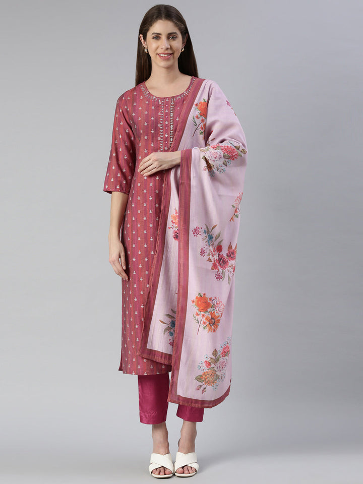 Neerus Pink embroidered kurta set with trouser and dupatta - front view