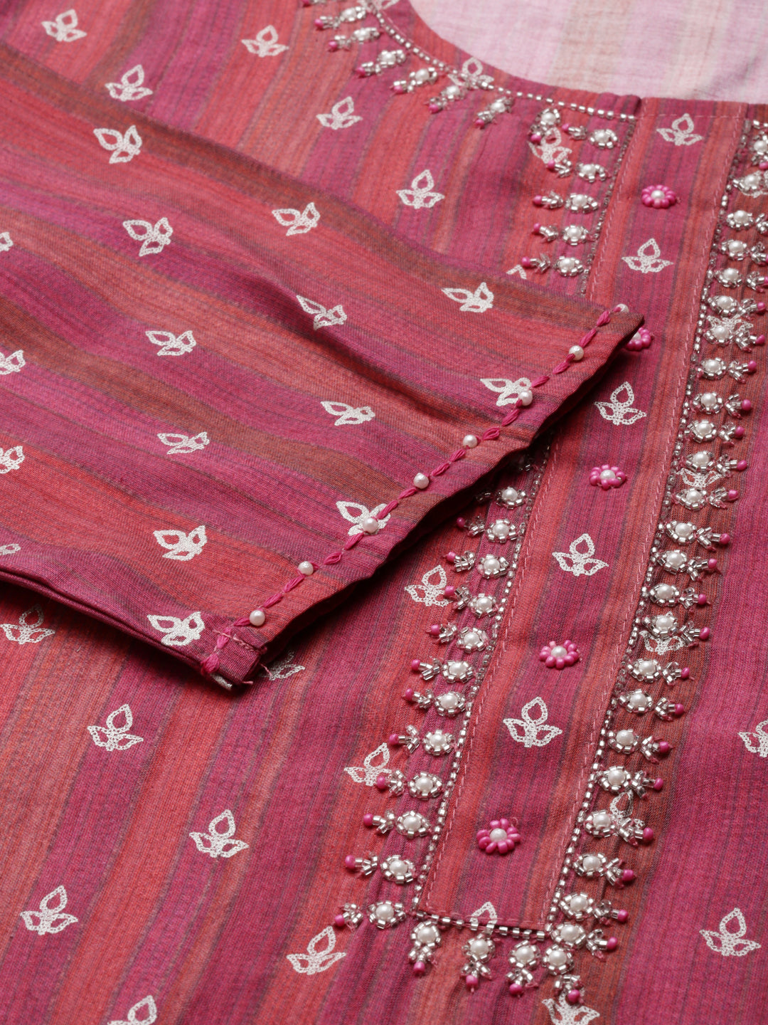 Neerus Pink embroidered kurta set with trouser and dupatta - detail view 3