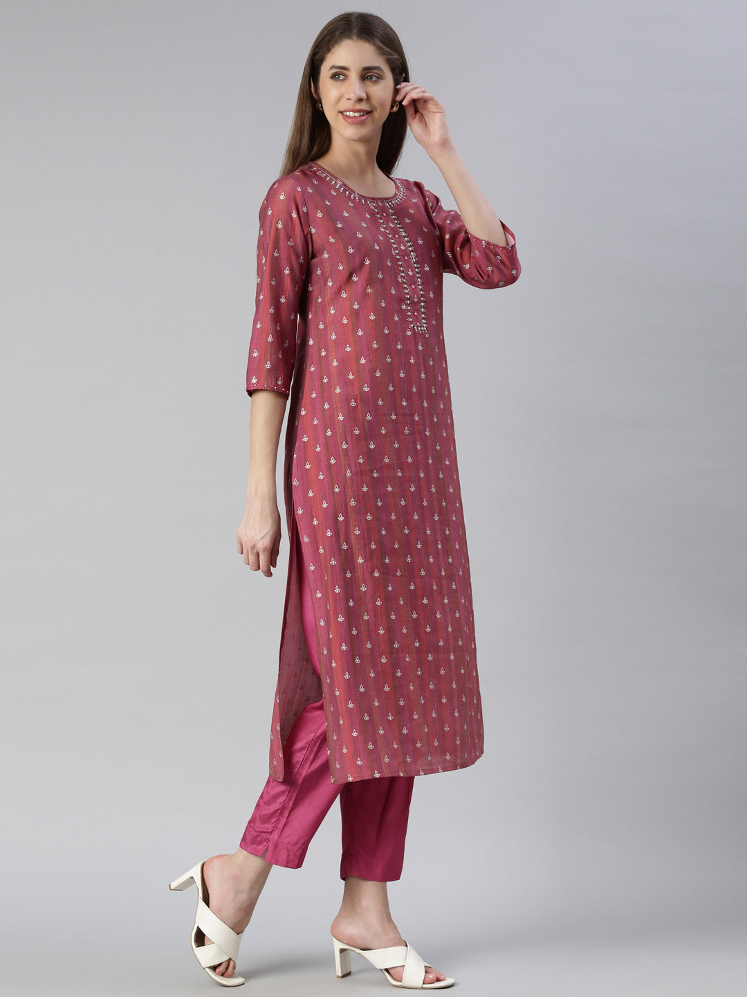 Neerus Pink embroidered kurta set with trouser and dupatta - back view