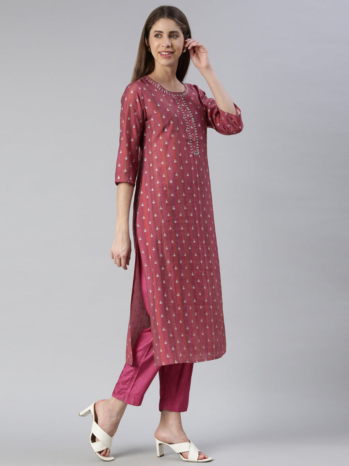 Neerus Pink embroidered kurta set with trouser and dupatta - back view