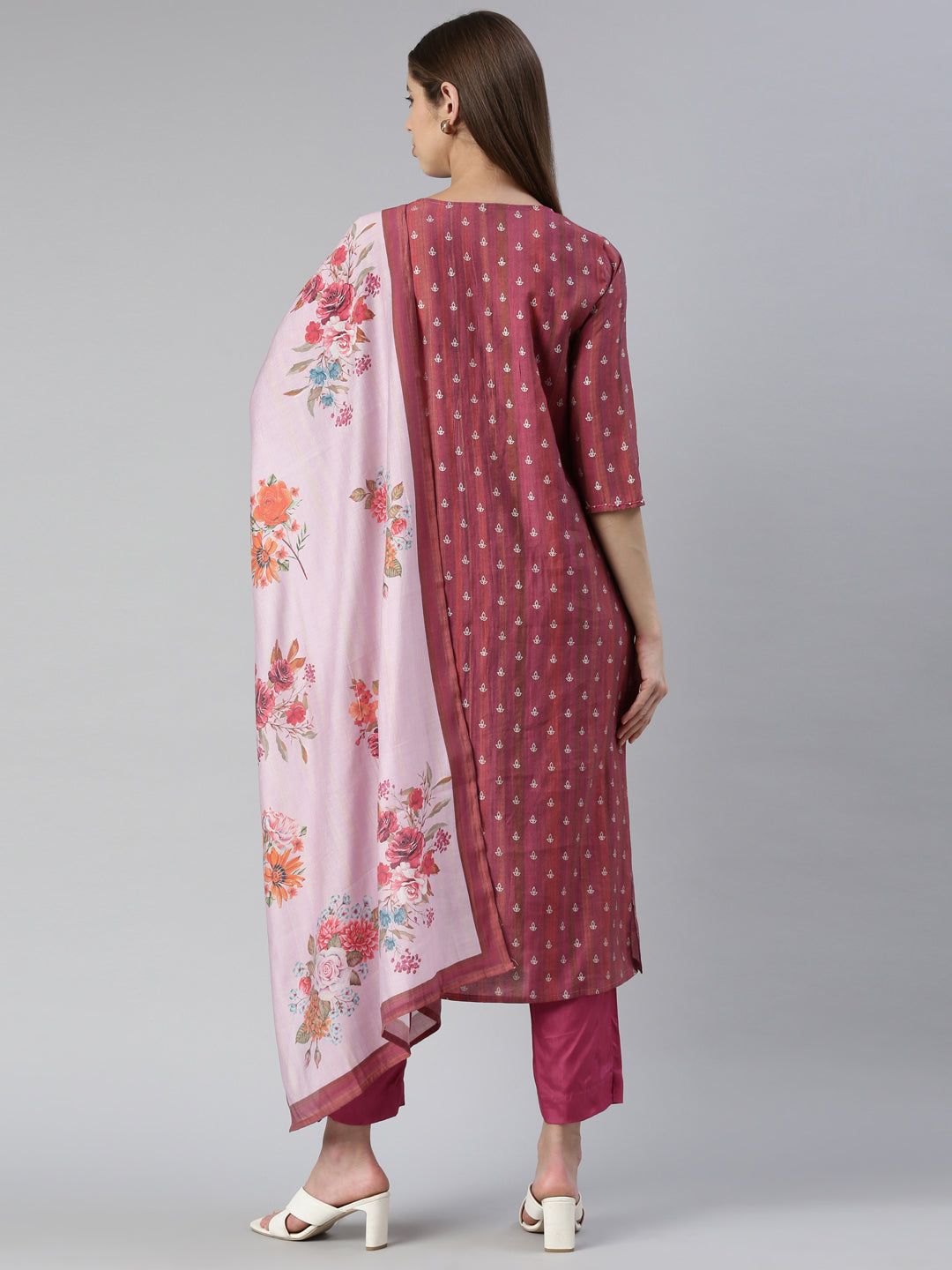Neerus Pink embroidered kurta set with trouser and dupatta - side view