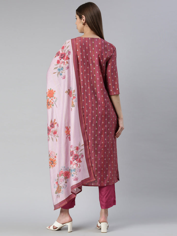 Neerus Pink embroidered kurta set with trouser and dupatta - side view
