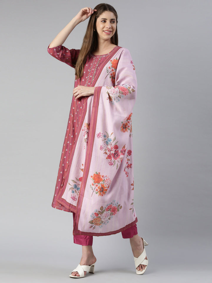 Neerus Pink embroidered kurta set with trouser and dupatta - detail view 2