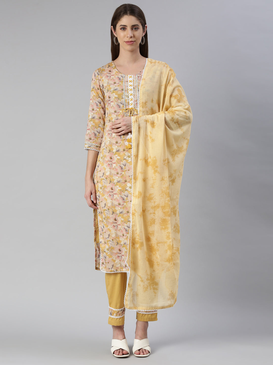 Neerus Yellow printed straight kurta set with trouser and dupatta - front view