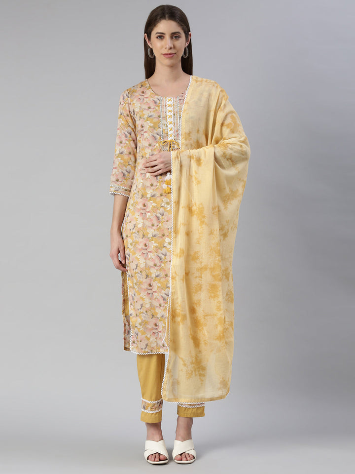Neerus Yellow printed straight kurta set with trouser and dupatta - front view
