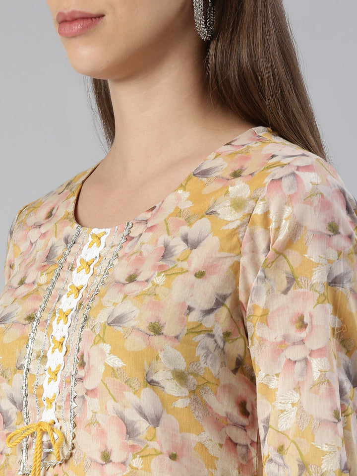 Neerus Yellow printed straight kurta set with trouser and dupatta - detail view 1