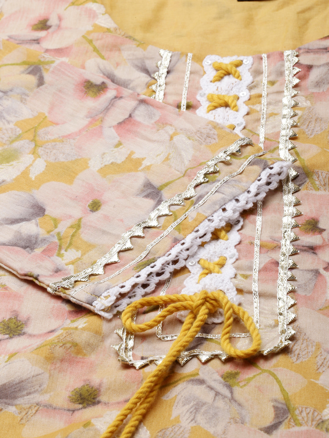 Neerus Yellow printed straight kurta set with trouser and dupatta - detail view 3