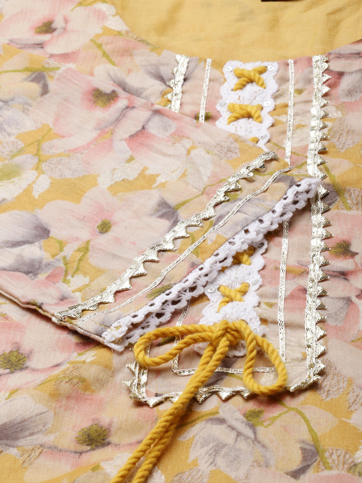 Neerus Yellow printed straight kurta set with trouser and dupatta - detail view 3