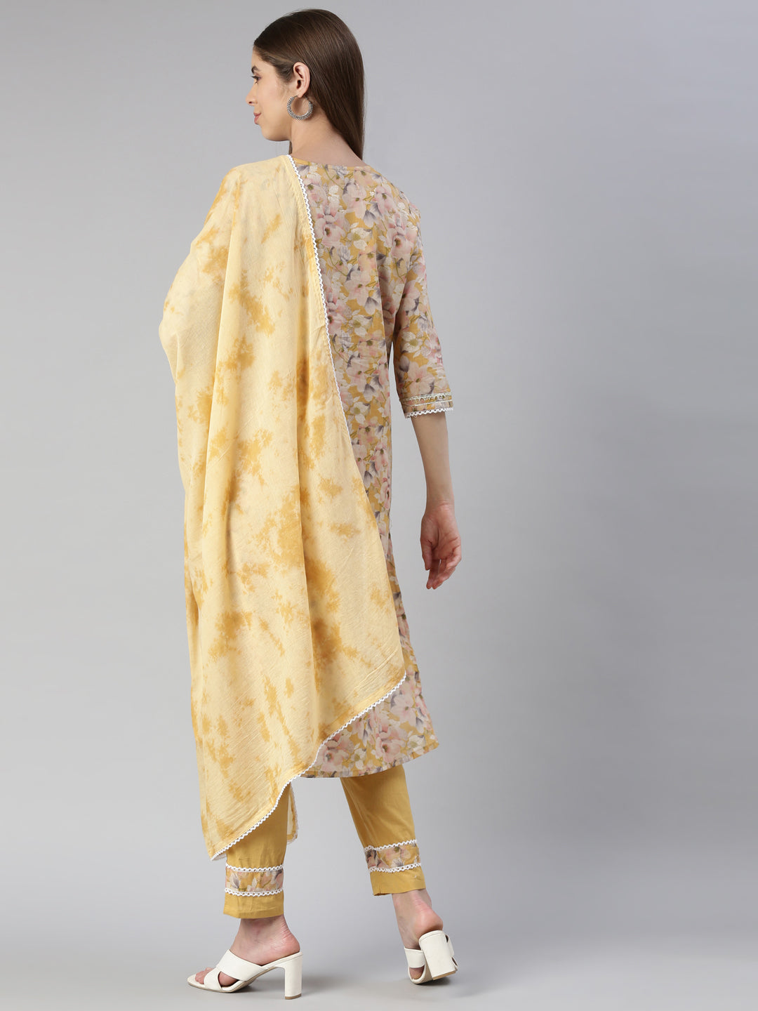 Neerus Yellow printed straight kurta set with trouser and dupatta - side view