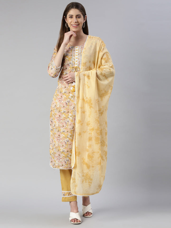 Neerus Yellow printed straight kurta set with trouser and dupatta - detail view 2