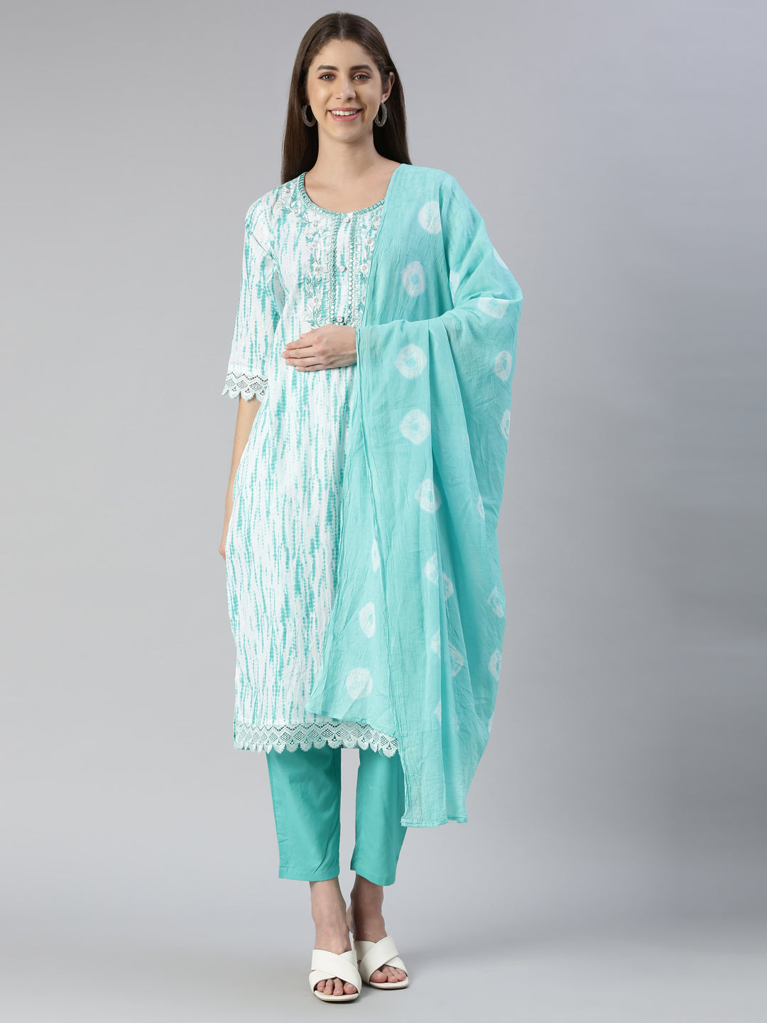 Neerus Green solid straight kurta set with trouser and dupatta - front view