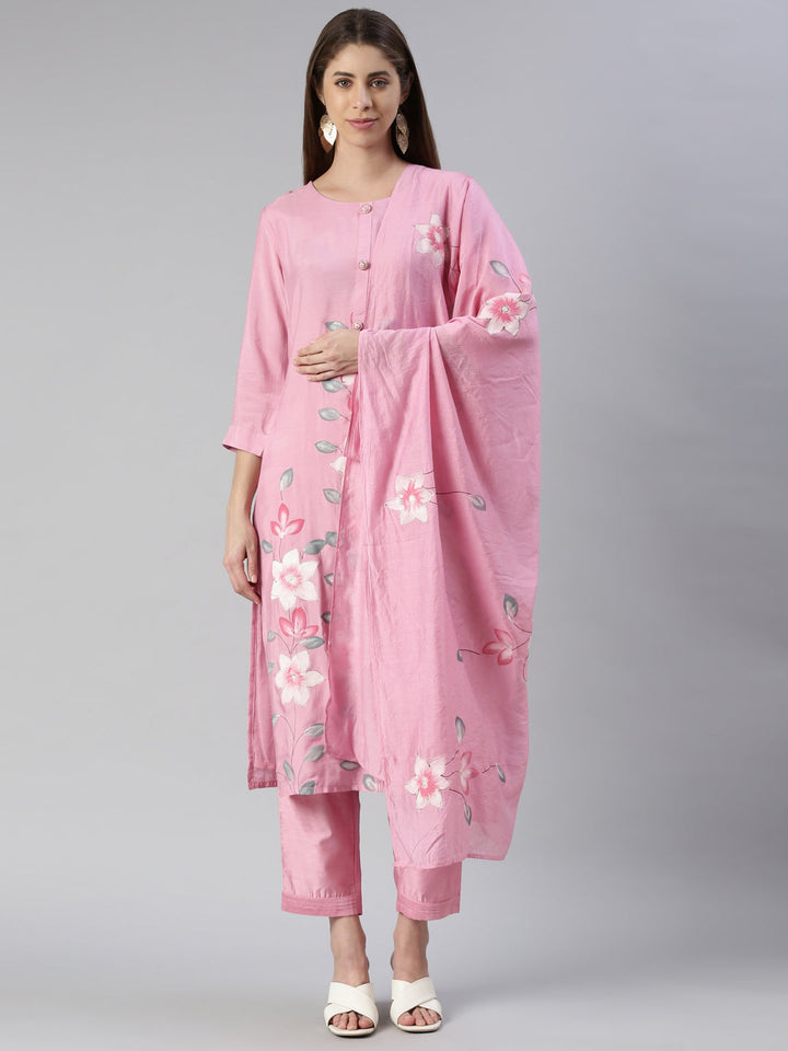 Neerus Pink rayon printed kurta set with trouser and dupatta - front view