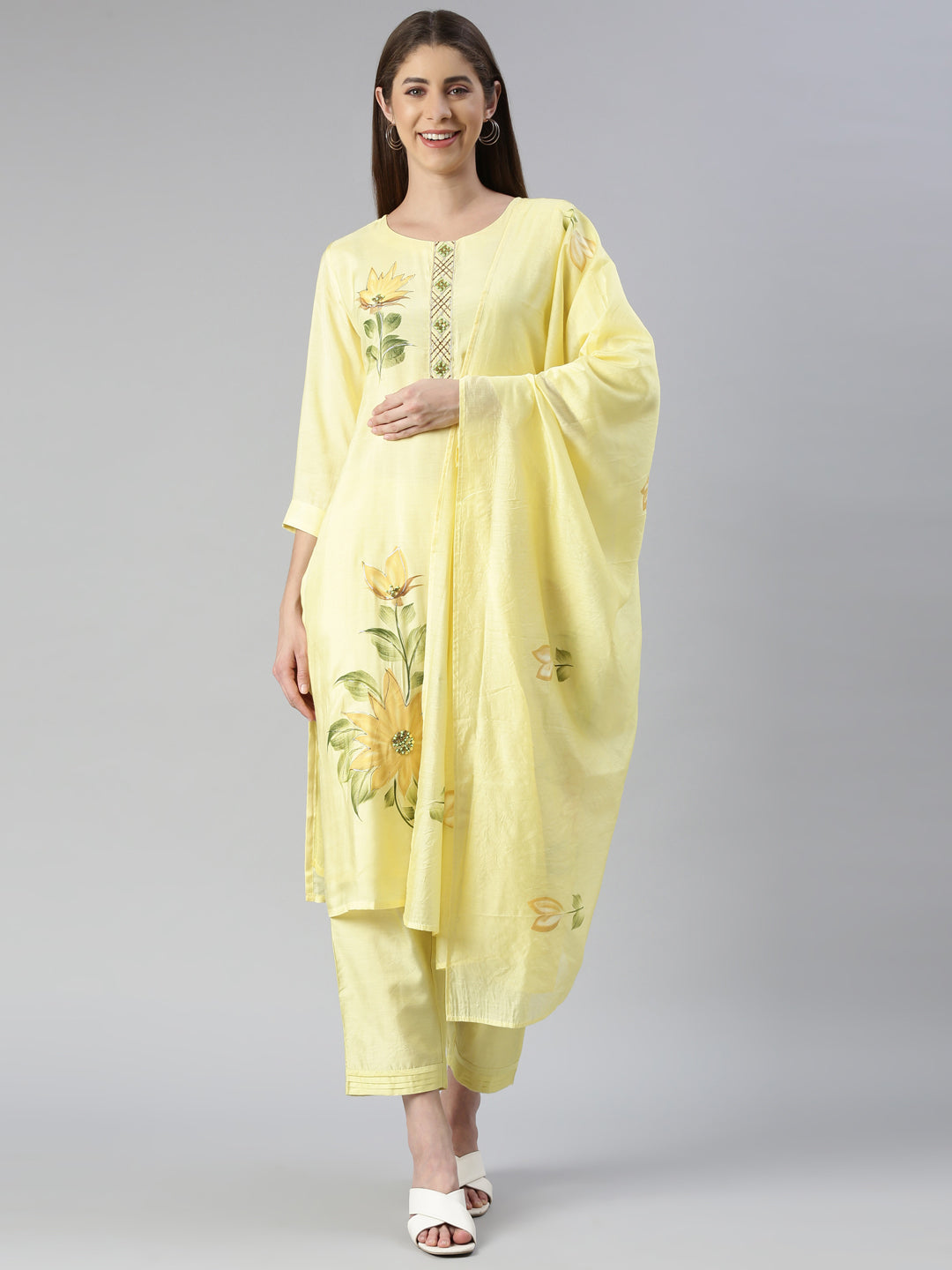 Neerus Yellow printed kurta set with trouser and dupatta - front view
