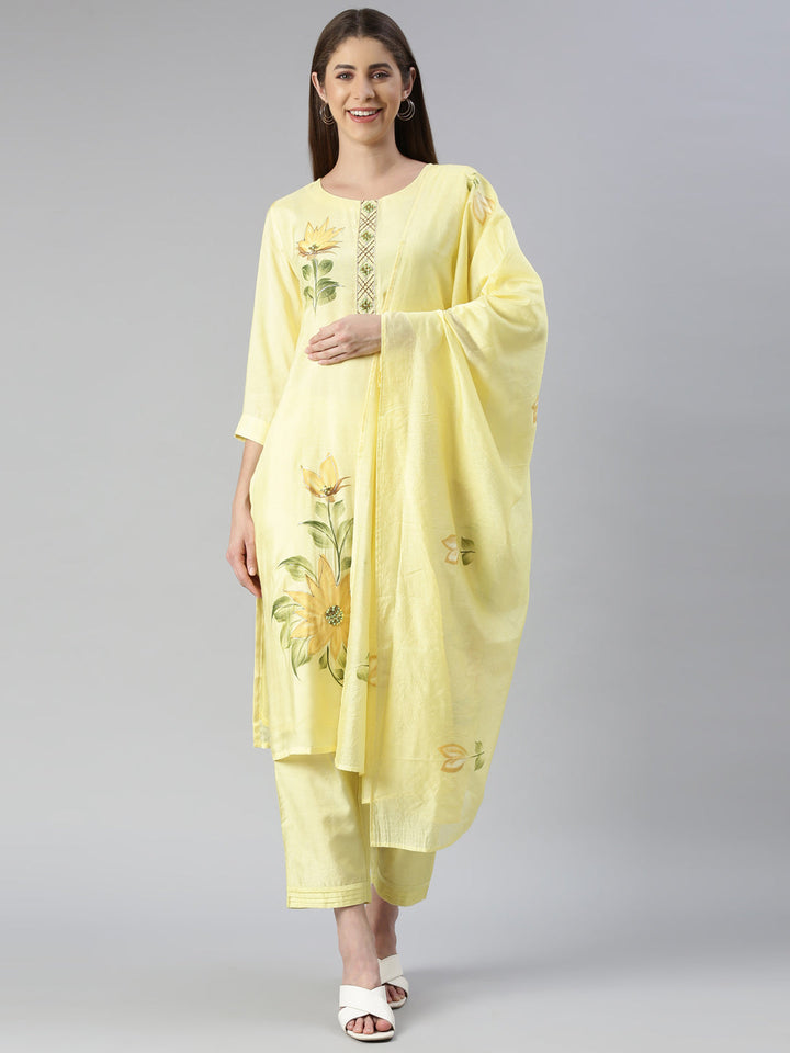Neerus Yellow printed kurta set with trouser and dupatta - front view