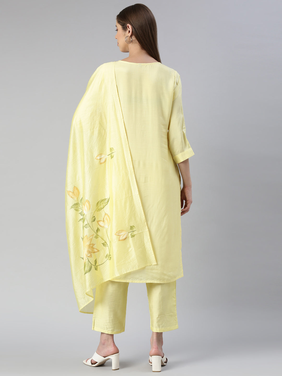 Neerus Yellow printed kurta set with trouser and dupatta - side view
