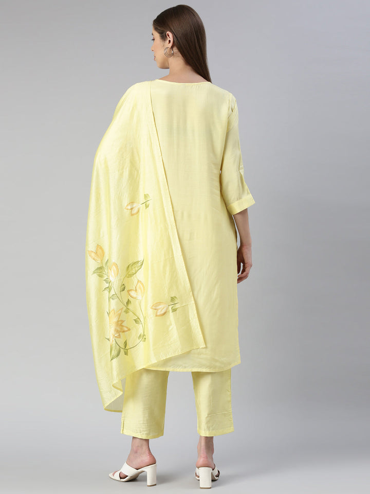 Neerus Yellow printed kurta set with trouser and dupatta - side view