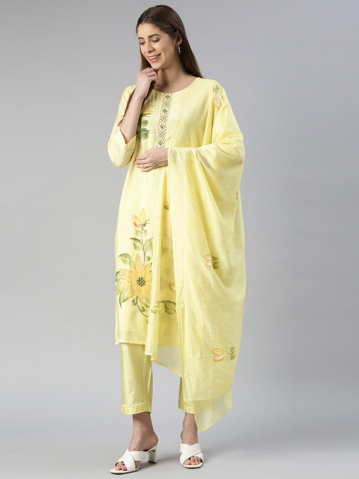 Neerus Yellow printed kurta set with trouser and dupatta - detail view 2