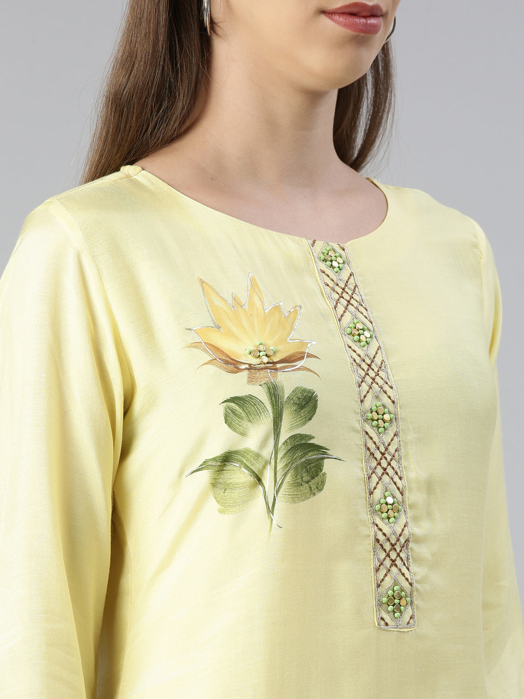 Neerus Yellow printed kurta set with trouser and dupatta - detail view 1