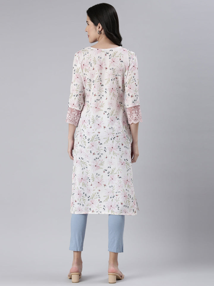 Neerus White cotton printed straight kurta - side view