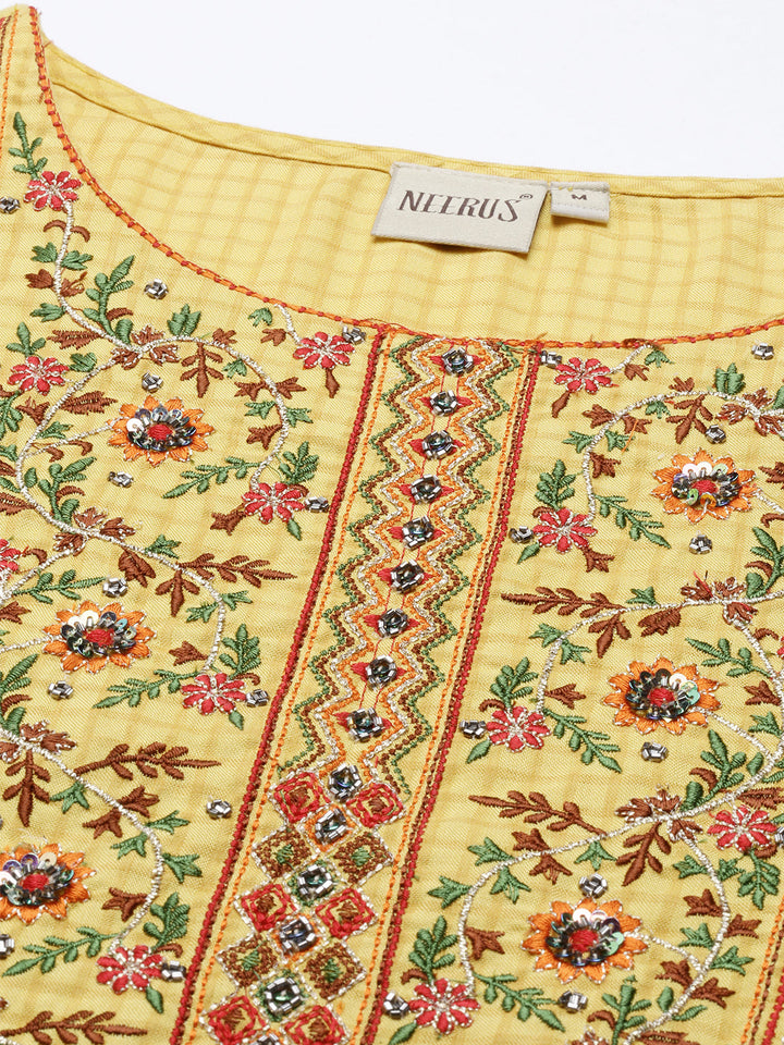 Neerus Yellow thread embroidered floral kurta - detail view 1