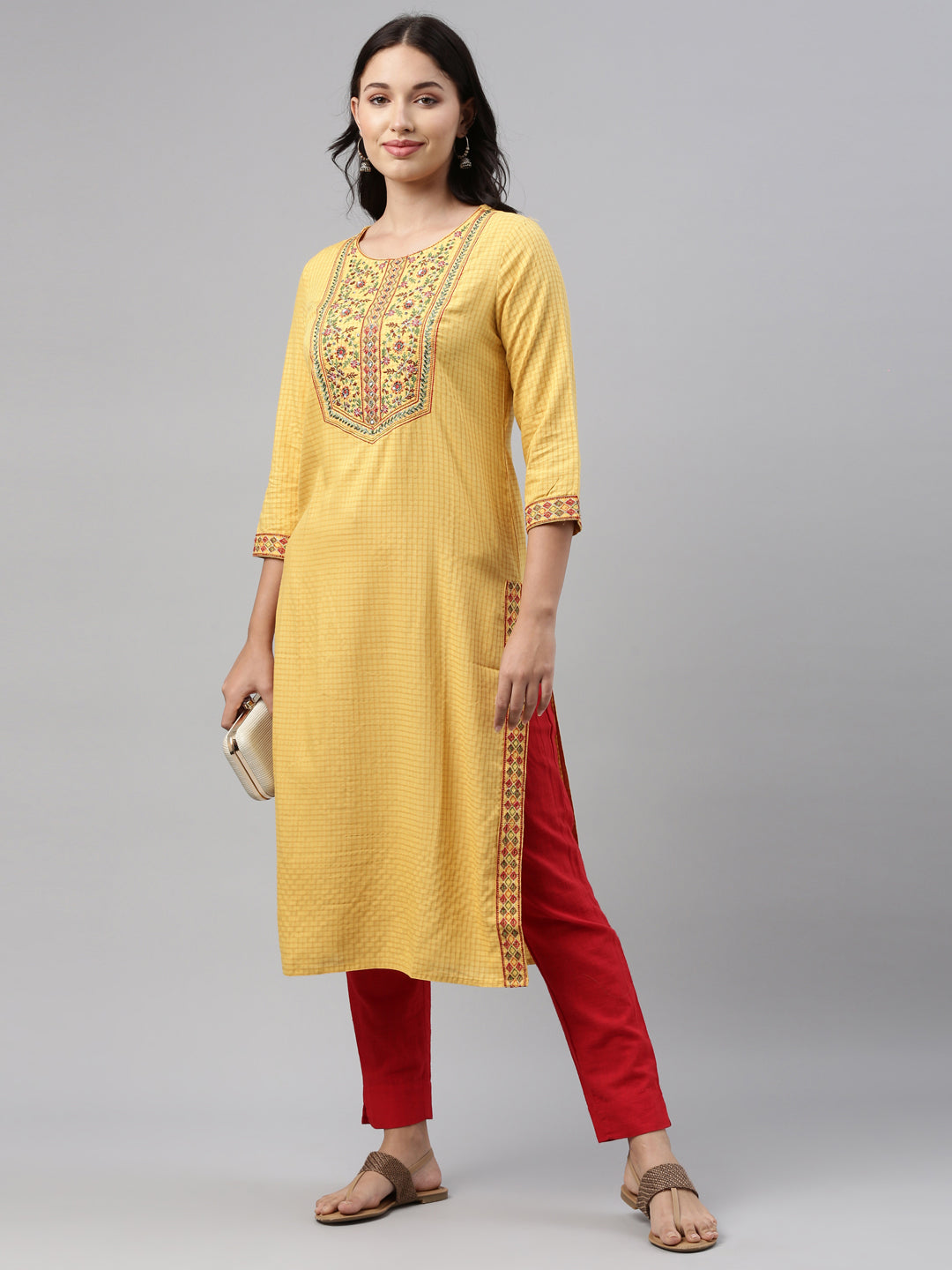 Neerus Yellow thread embroidered floral kurta - detail view 2