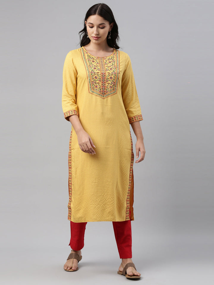 Neerus Yellow thread embroidered floral kurta - front view